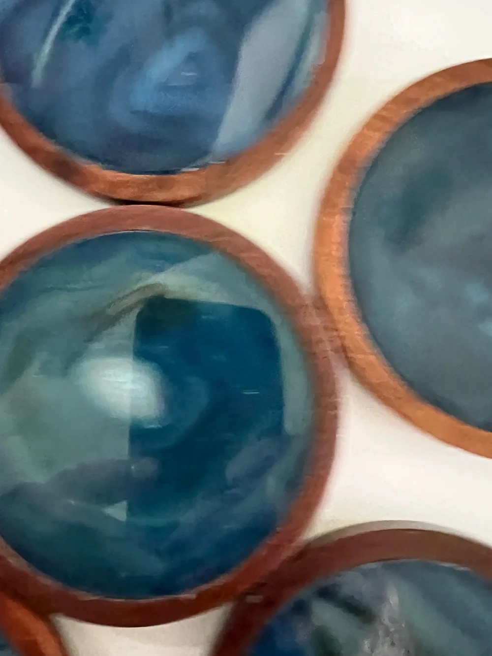 Vintage Brazilian Rosewood and blue agate slice coaster set of six with caddy.